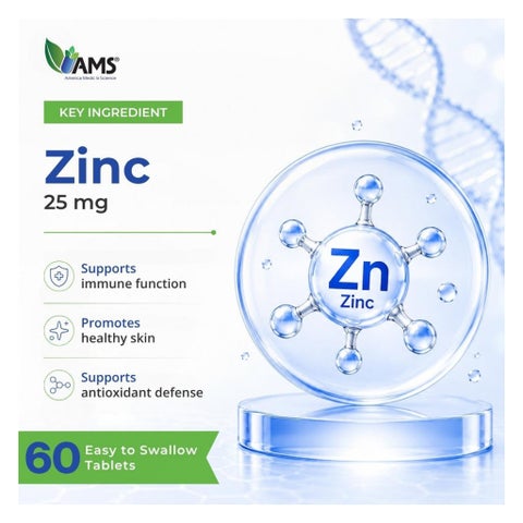 AMS Chelated Zinc 25mg Tablets, Immunity Support - 60 Tablets