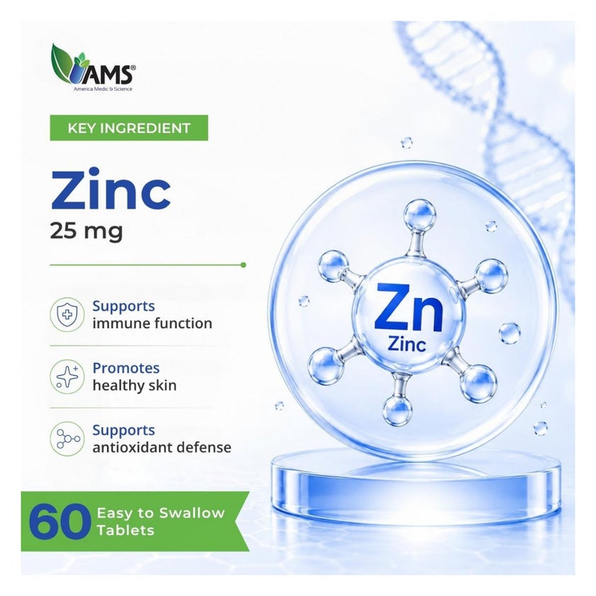 AMS Chelated Zinc 25mg Tablets, Immunity Support - 60 Tablets