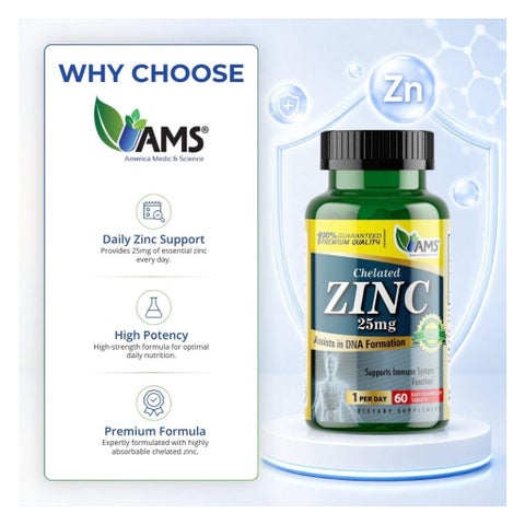 AMS Chelated Zinc 25mg Tablets, Immunity Support - 60 Tablets