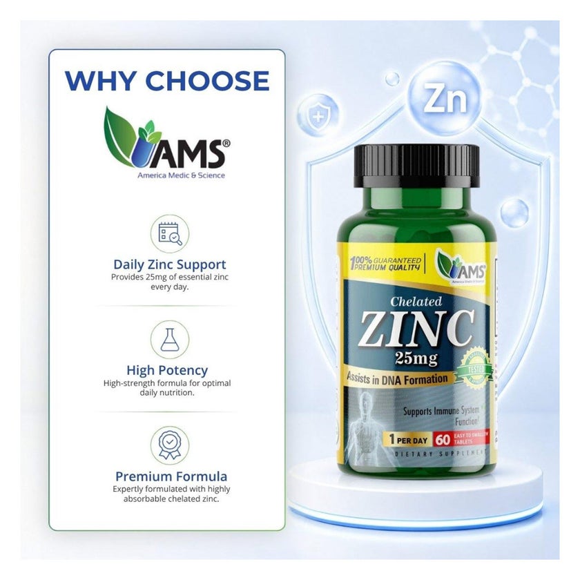 AMS Chelated Zinc 25mg Tablets, Immunity Support - 60 Tablets