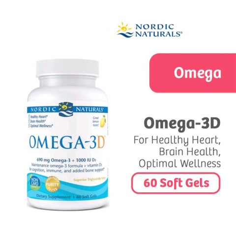 Nordic Naturals Omega 3D Omega 3 + Vitamin D3 Fish Oil Supplement Softgels - Lemon Flavour, Pack of 60's