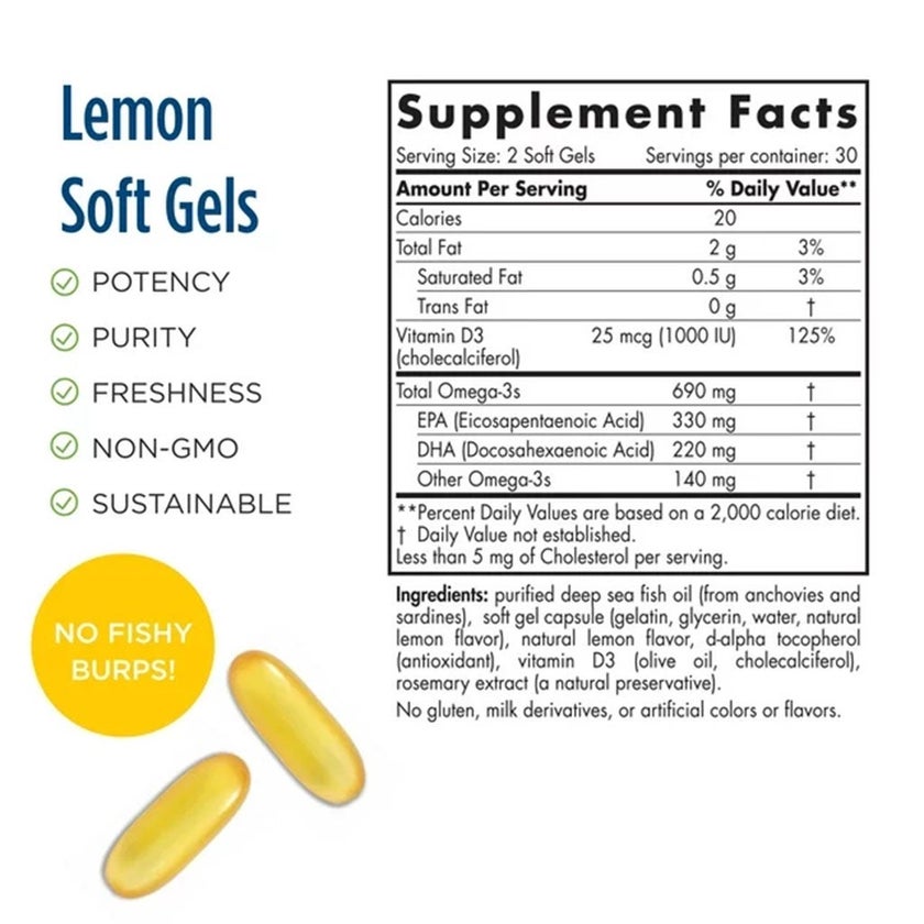 Nordic Naturals Omega 3D Omega 3 + Vitamin D3 Fish Oil Supplement Softgels - Lemon Flavour, Pack of 60's