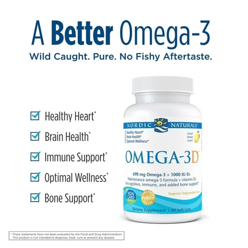 Nordic Naturals Omega 3D Omega 3 + Vitamin D3 Fish Oil Supplement Softgels - Lemon Flavour, Pack of 60's