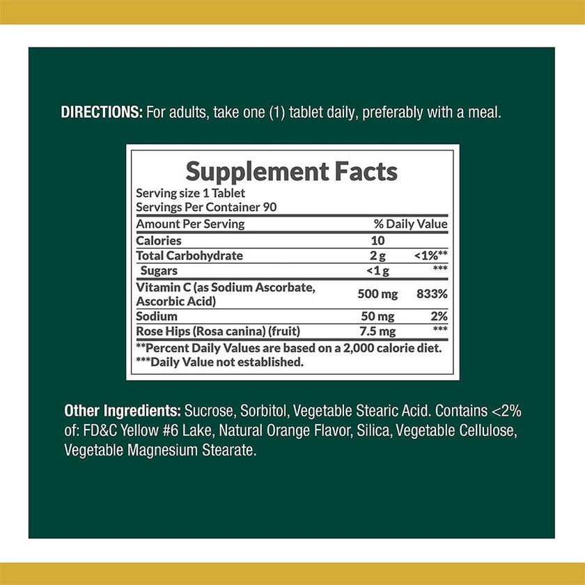 Nature's Bounty C 500mg with Rose Hips Chewable Tablets, Pack of 90's