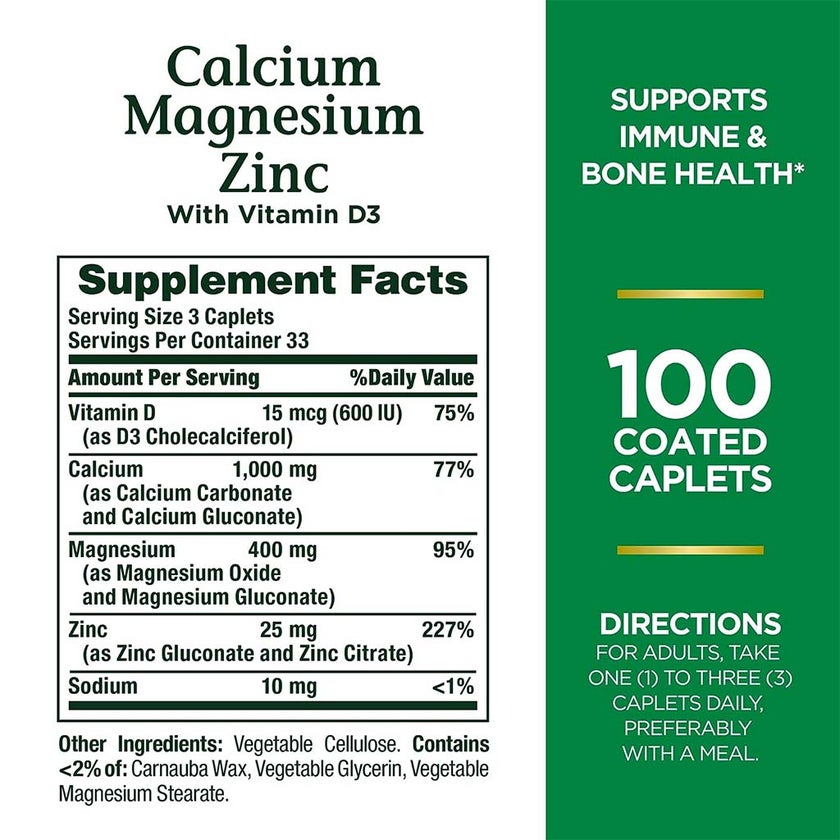 Nature's Bounty Calcium Mg Zinc & Vit D3 Caplets, Pack of 100's