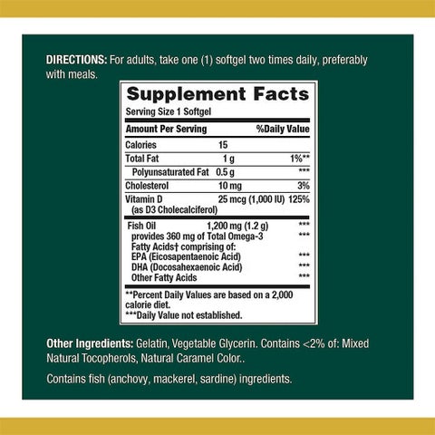 Nature's Bounty 1200mg Fish Oil + 1000IU Vitamin D3 Supplement Softgels, Pack of 90's