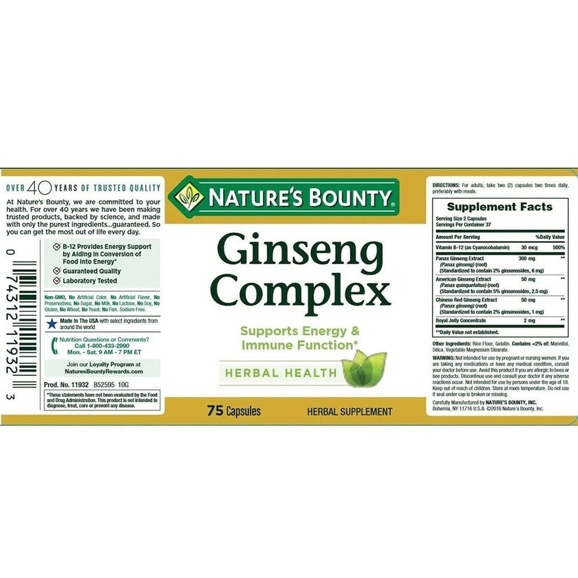 Nature's Bounty Ginseng Complex Capsules, Pack of 75's
