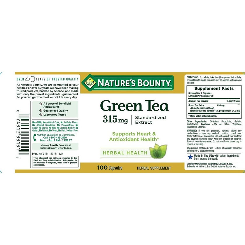 Nature's Bounty Green Tea Extract 315mg Capsules For Antioxidant Support, Pack of 100's