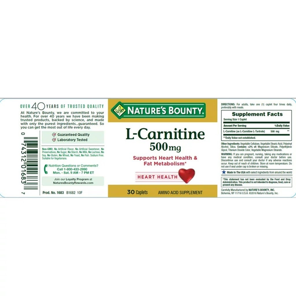 Nature's Bounty L-Carnitine 500mg Caplets, Pack of 30's - myAster