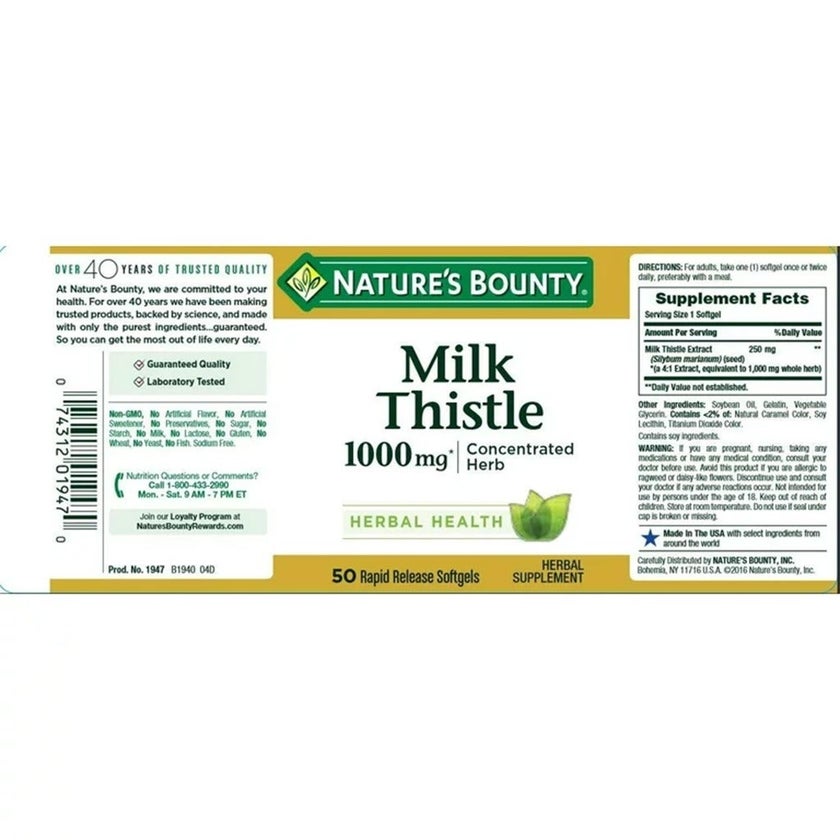 Nature's Bounty Milk Thistle 1000mg Softgels, Pack of 50's