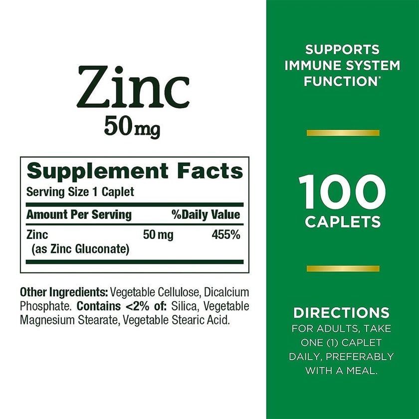 Nature's Bounty Zinc 50mg Caplets, Pack of 100's