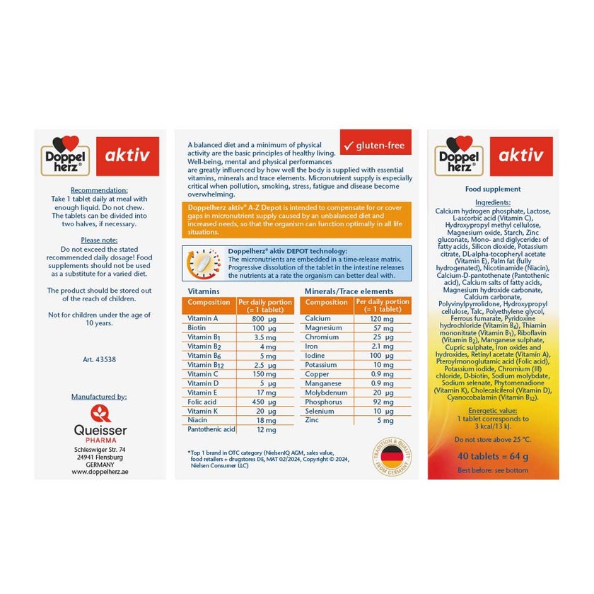 Doppelherz aktiv A-Z Adult Multivitamins & Minerals Depot Supplement Tablets, Pack of 40's