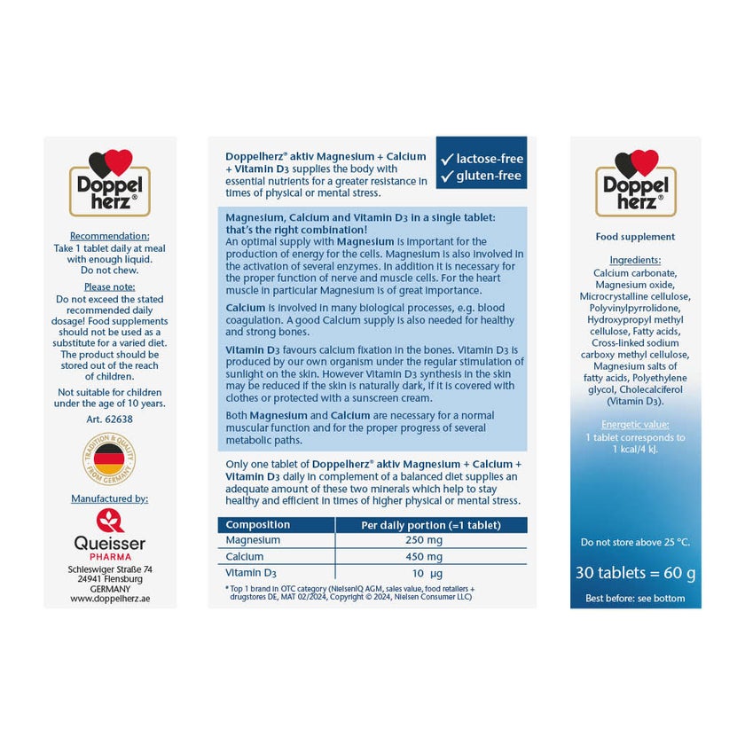 Doppelherz aktiv Magnesium + Calcium + Vitamin D3 Tablets For Muscle & Bone Support, Pack of 30's