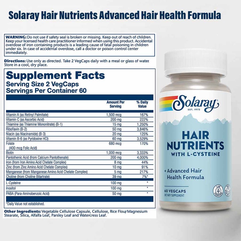 Solaray Hair Nutrients Advanced Hair Health Formula VegCaps, Pack of 60's