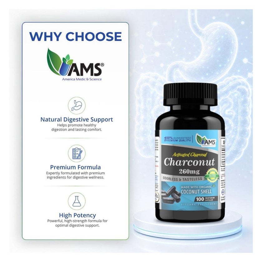 AMS Activated Charcoal Charconut 1680mg Capsules - 100 Capsules