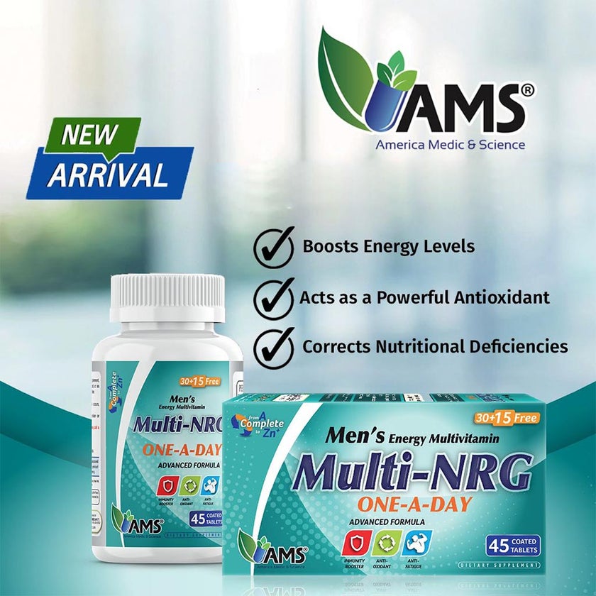 AMS Multi-NRG Men's Energy Multivitamin Supplement Tablets, Pack of 45's