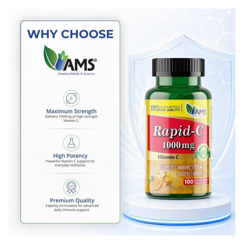 AMS Rapid-C 1000mg Vitamin-C Tablets, Immunity & Energy - 100 Tablets
