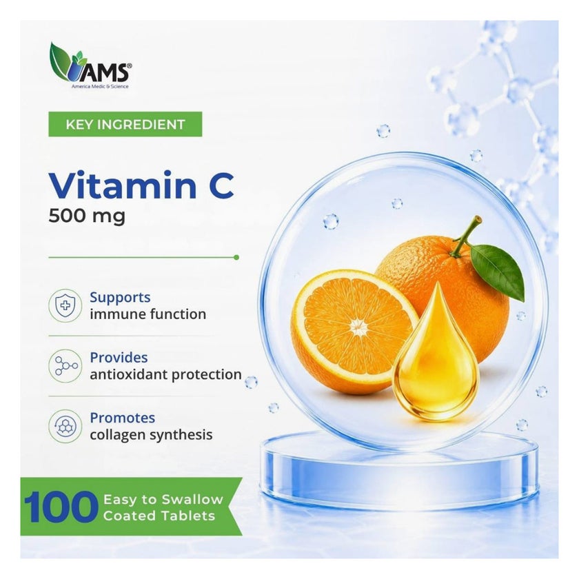 AMS Rapid-C 500mg Vitamin-C Tablets, Immunity & Energy - 100 Tablets