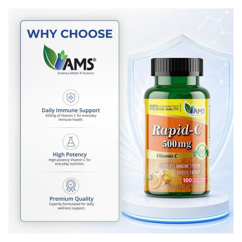 AMS Rapid-C 500mg Vitamin-C Tablets, Immunity & Energy - 100 Tablets