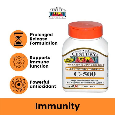 21st Century Vitamin C 500mg Prolonged Release Tablets For Antioxidant & Immunity Support, Pack of 110's