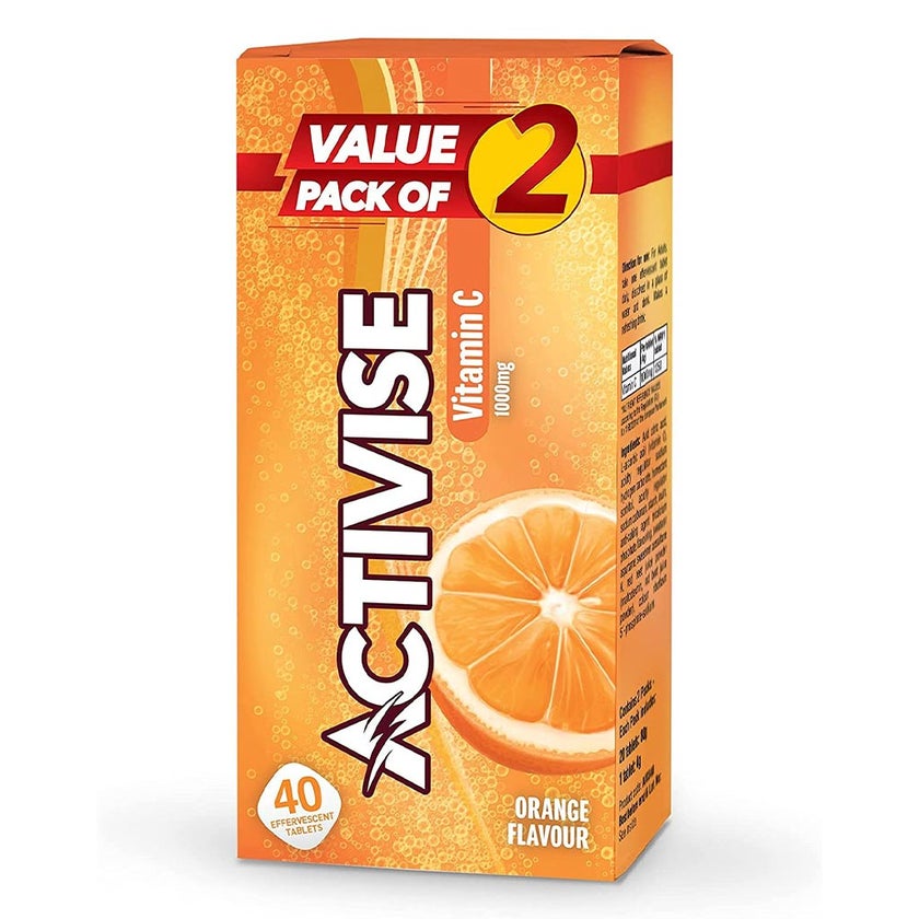 Activise Vitamin-C 1000mg Orange Flavor Effervescent Tablets For Immunity Boost, Value Pack of 2x20's