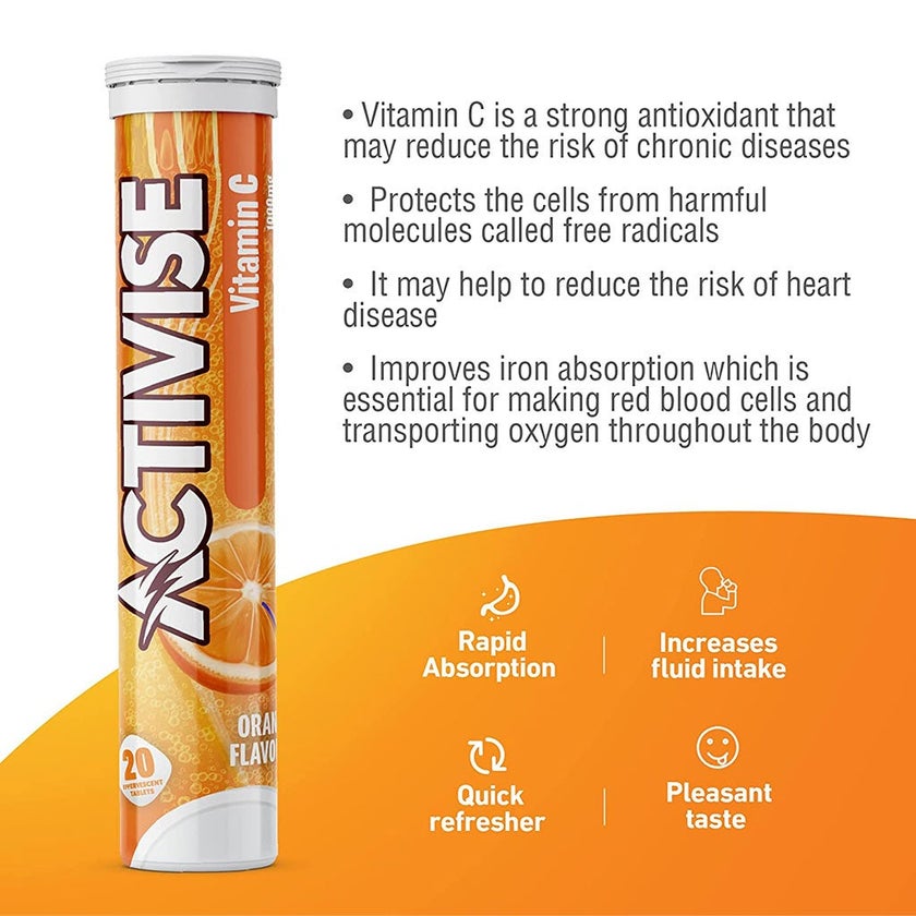 Activise Vitamin-C 1000mg Orange Flavor Effervescent Tablets For Immunity Boost, Value Pack of 2x20's