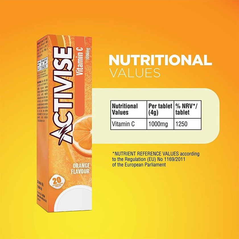 Activise Vitamin-C 1000mg Orange Flavor Effervescent Tablets For Immunity Boost, Value Pack of 2x20's