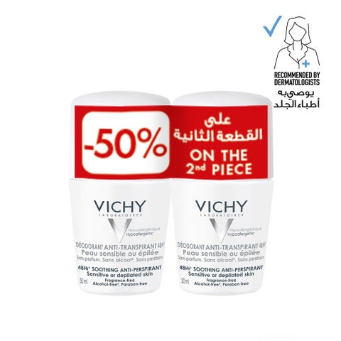 Vichy 48H Soothing Anti Perspirant Deo Roll-On, Sensitive Skin - 50ml x 2