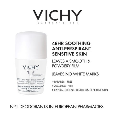 Vichy 48H Soothing Anti Perspirant Deo Roll-On, Sensitive Skin - 50ml x 2