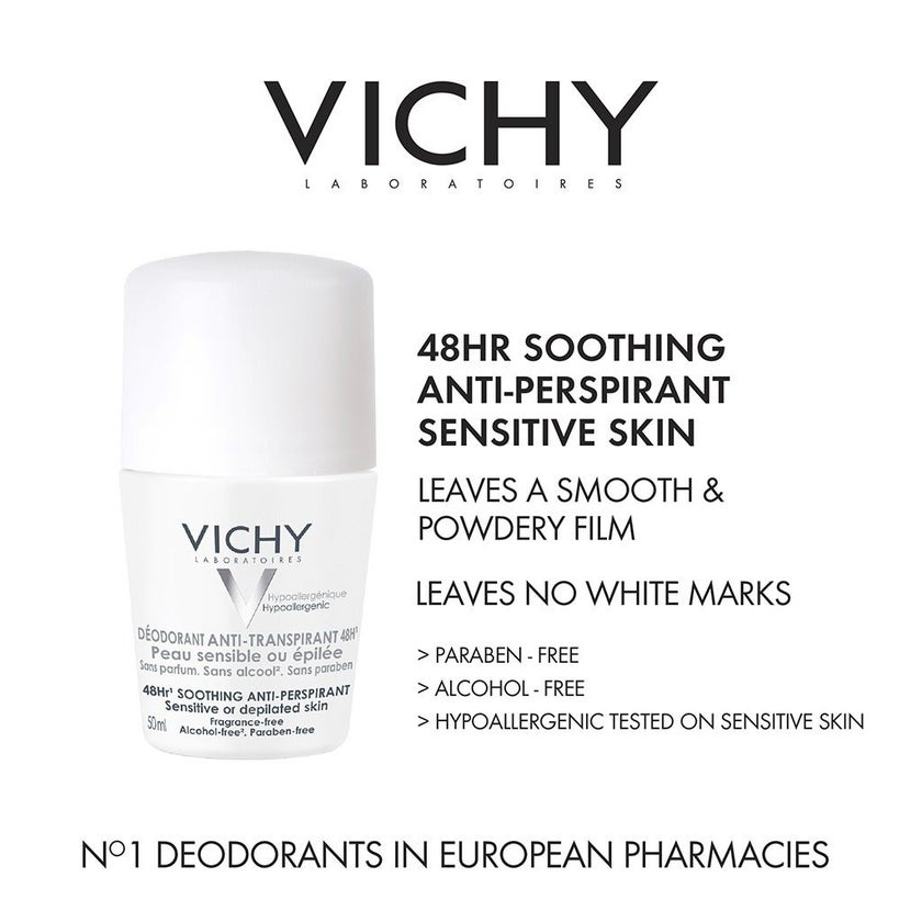 Vichy 48H Soothing Anti Perspirant Deo Roll-On 50ml, Promo Pack