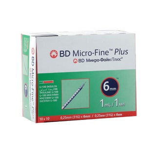 BD Micro-Fine+ Insulin 1ml Syringe 0.25mm (31g) x 6 mm, Pack of 100's