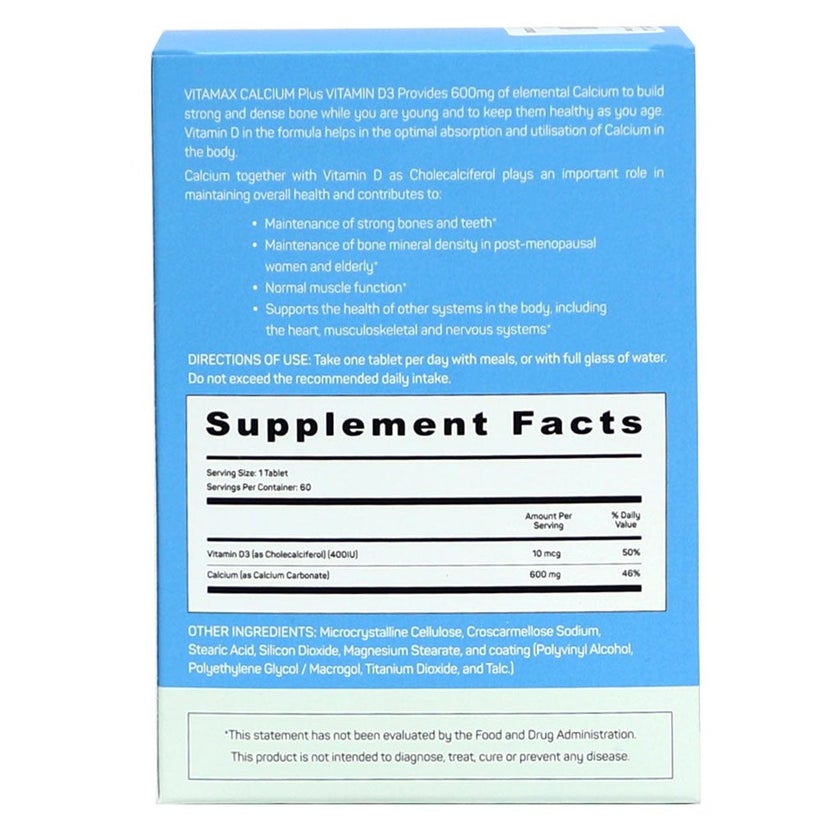 Vitamax Calcium 600mg + Vitamin-D3 400IU Tablets For Bone Health, Pack of 60's
