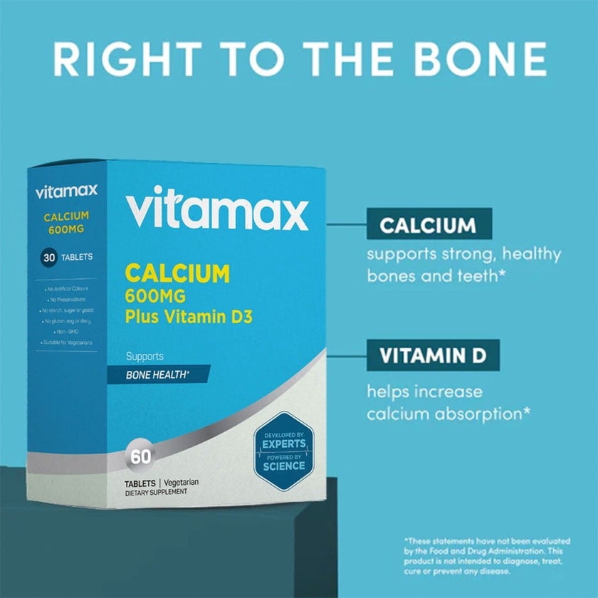 Vitamax Calcium 600mg + Vitamin-D3 400IU Tablets For Bone Health, Pack of 60's