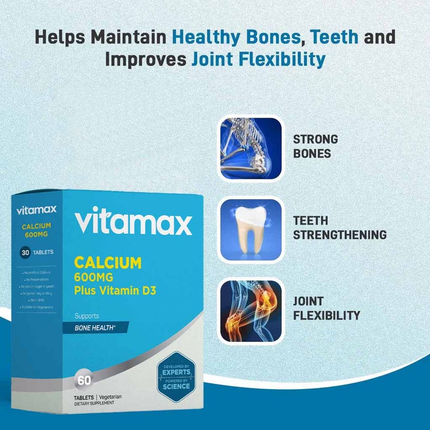 Vitamax Calcium 600mg + Vitamin-D3 400IU Tablets For Bone Health, Pack of 60's