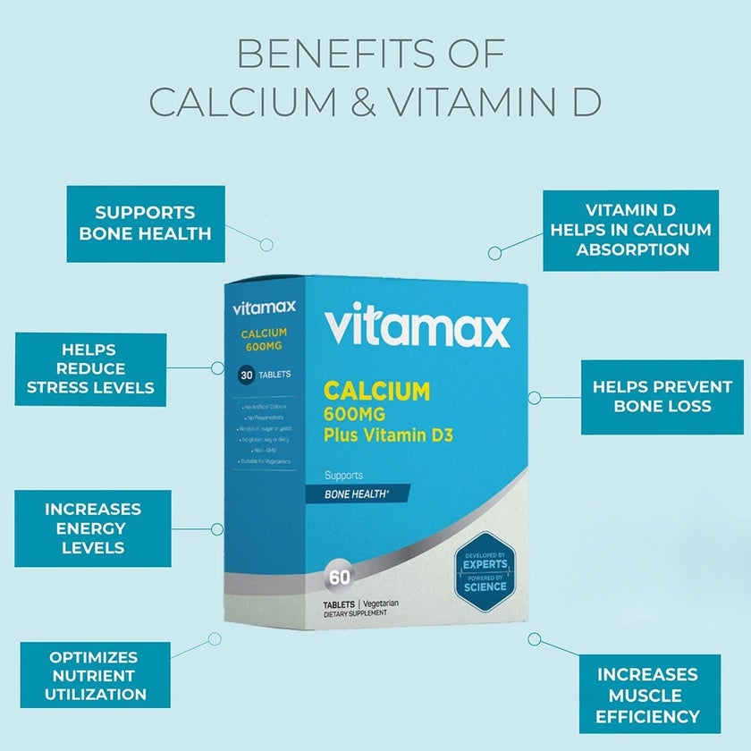Vitamax Calcium 600mg + Vitamin-D3 400IU Tablets For Bone Health, Pack of 60's