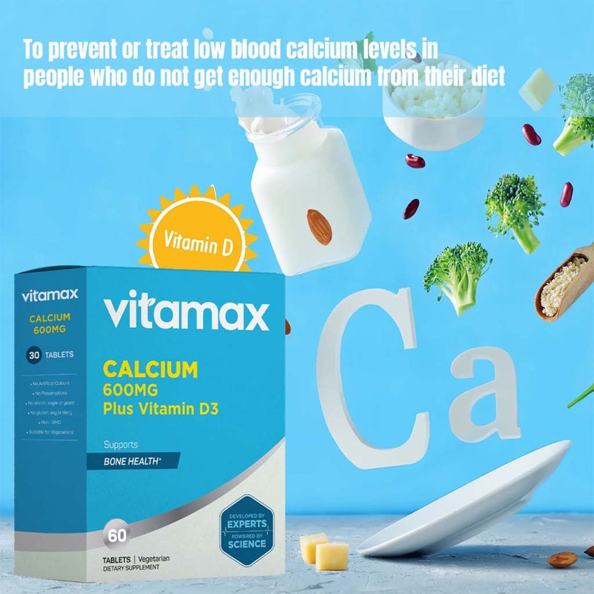 Vitamax Calcium 600mg + Vitamin-D3 400IU Tablets For Bone Health, Pack of 60's