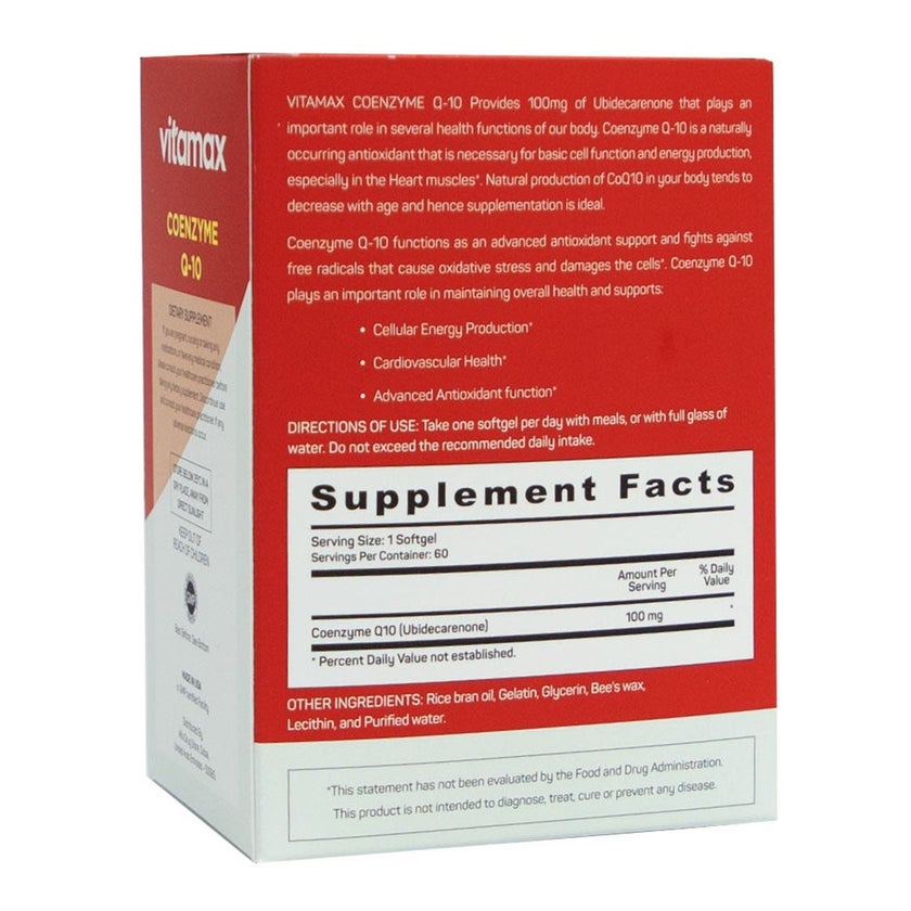 Vitamax Coenzyme Q10 100mg Softgels For Heart & Antioxidant Support, Pack of 60's