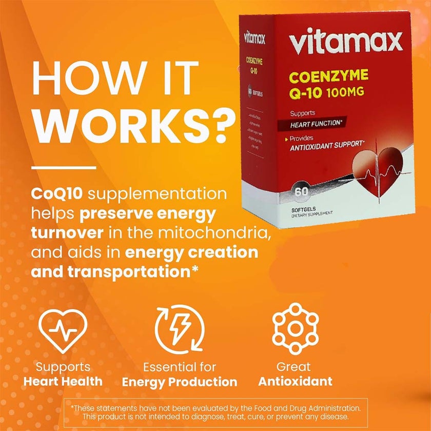 Vitamax Coenzyme Q10 100mg Softgels For Heart & Antioxidant Support, Pack of 60's