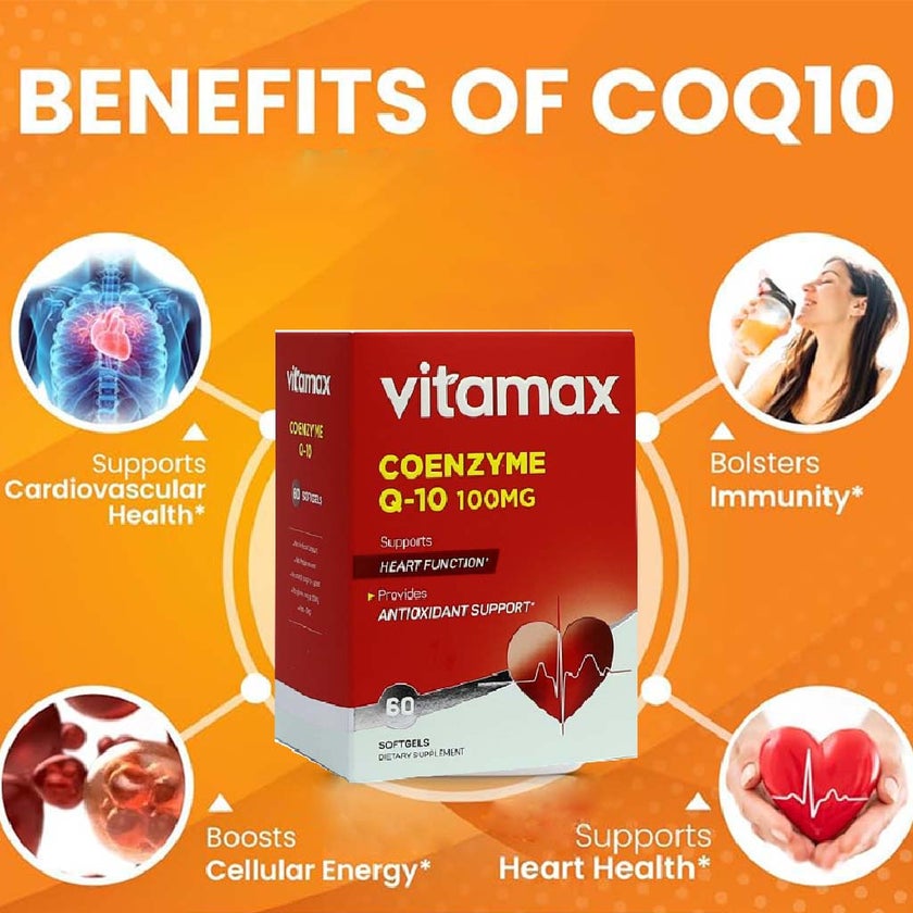 Vitamax Coenzyme Q10 100mg Softgels For Heart & Antioxidant Support, Pack of 60's