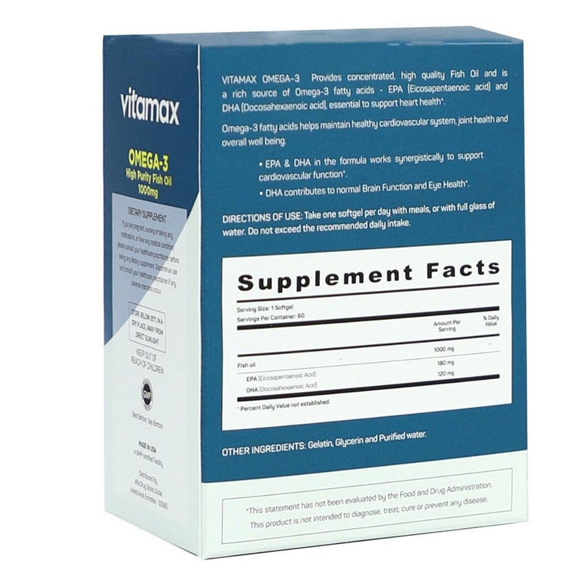 Vitamax Omega 3 1000mg Fish Oil Softgels, Pack of 60's