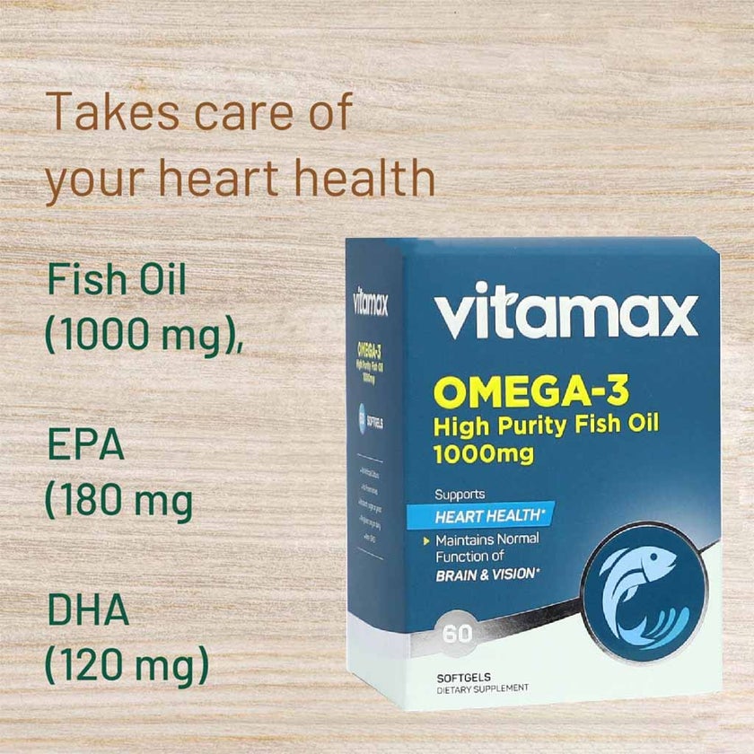 Vitamax Omega 3 1000mg Fish Oil Softgels, Pack of 60's