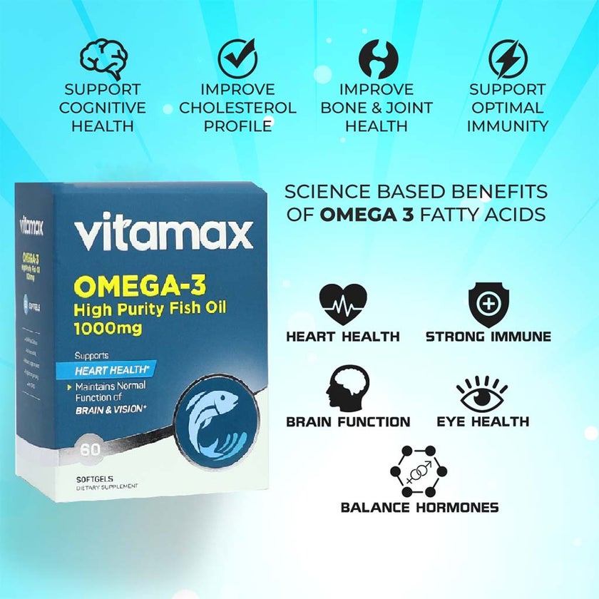 Vitamax Omega 3 1000mg Fish Oil Softgels, Pack of 60's