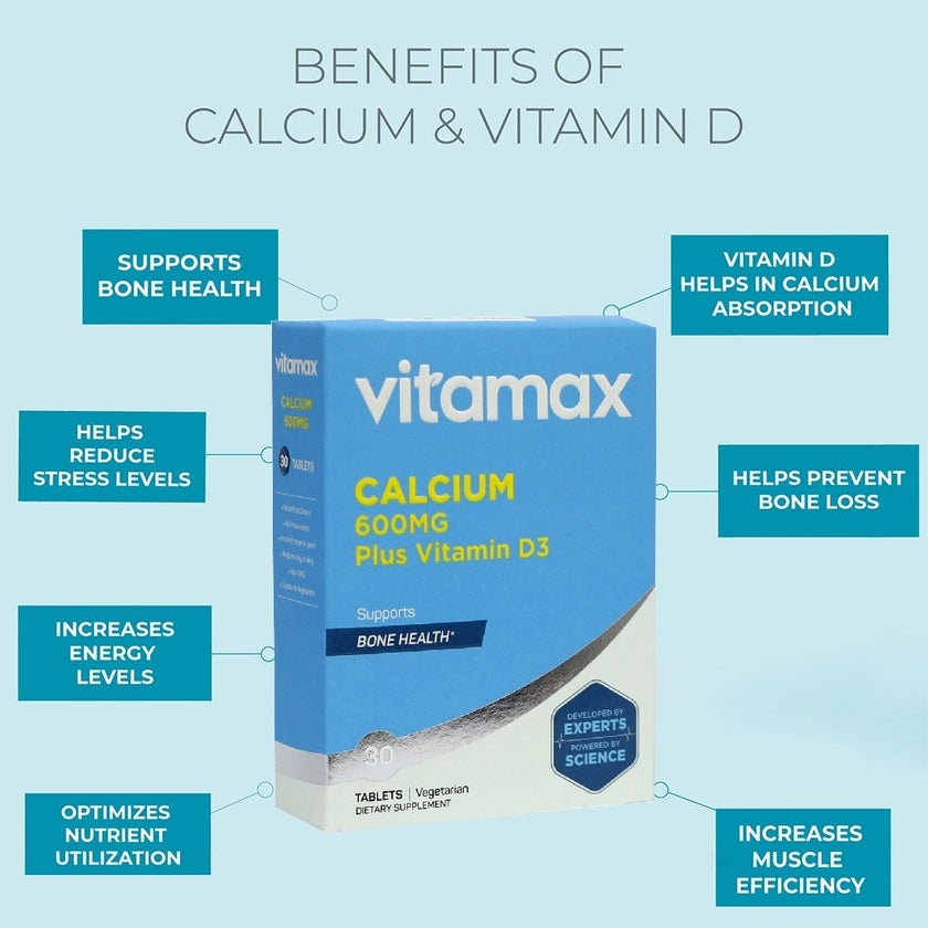 Vitamax Calcium 600mg + Vitamin-D3 400IU Tablets For Bone Health, Pack of 30's
