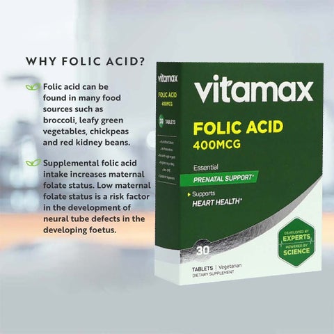 Vitamax Folic Acid 400 mcg Tablets For Prenatal Support & Healthy Heart Function, Pack of 30's