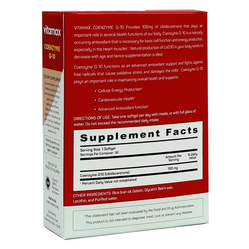 Vitamax Coenzyme Q10 100mg Softgels For Heart & Antioxidant Support, Pack of 30's