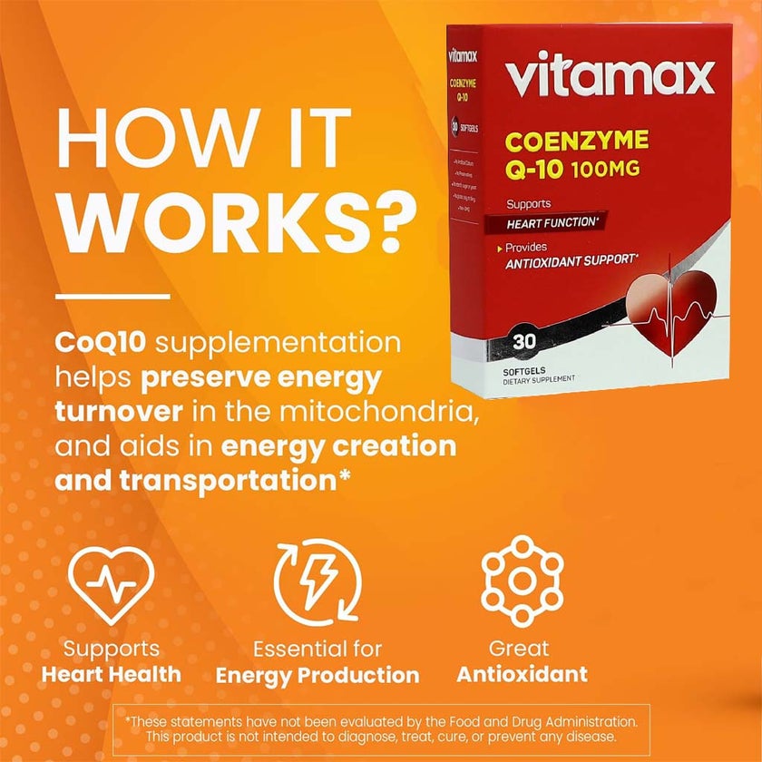 Vitamax Coenzyme Q10 100mg Softgels For Heart & Antioxidant Support, Pack of 30's
