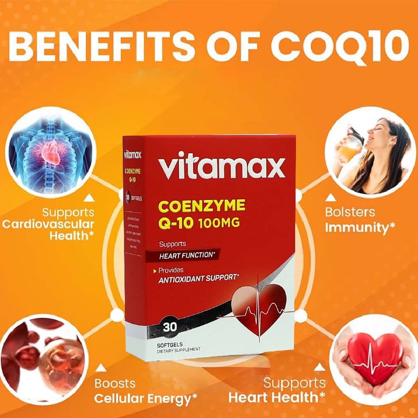 Vitamax Coenzyme Q10 100mg Softgels For Heart & Antioxidant Support, Pack of 30's