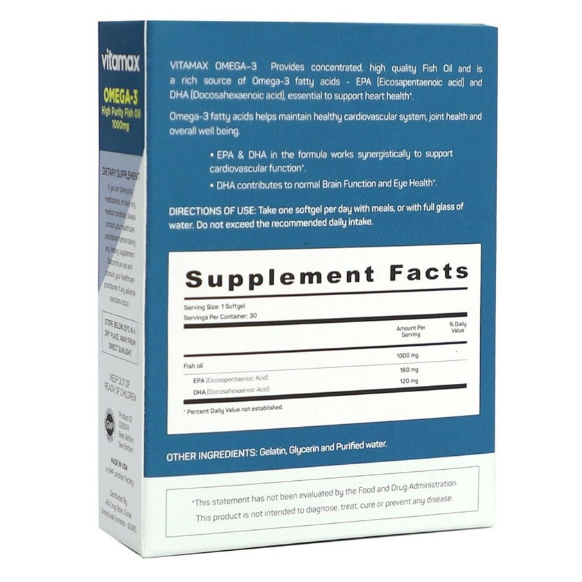 Vitamax Omega 3 1000mg Fish Oil Supplement Softgels, Pack of 30's