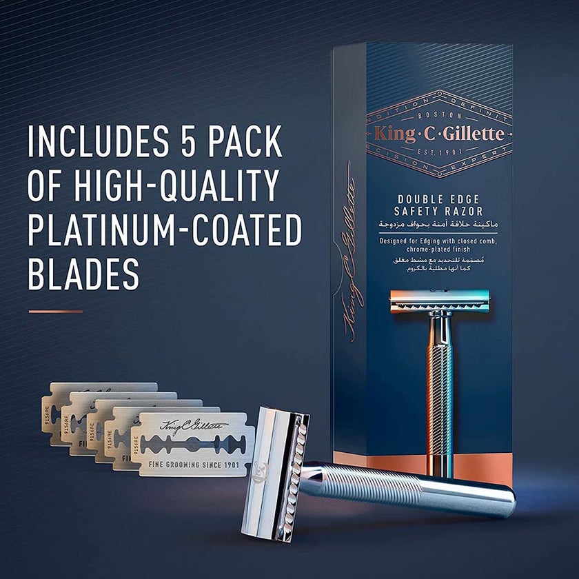 King C. Gillette Men’s Double Edge Safety Razor With Classic Inspired Chrome Plated Handle + Gillette’s Best Platinum Coated Double Edge Blades, Pack of 1 Handle + 5 Blades