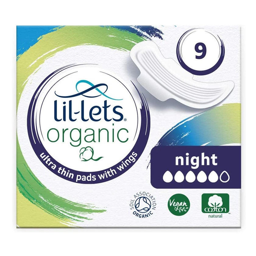 Lil-lets Organic Cotton Ultra-Thin Sanitary Pads With Wings Night, Pack of 9's